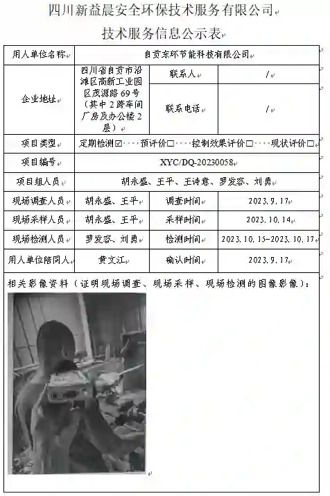 四川新益晨_职业卫生_职业病危害_职业病防护_公共卫生_环境服务_安全咨询_新益晨_XYCDQ-20230058定期检测自贡东环节能科技有限公司