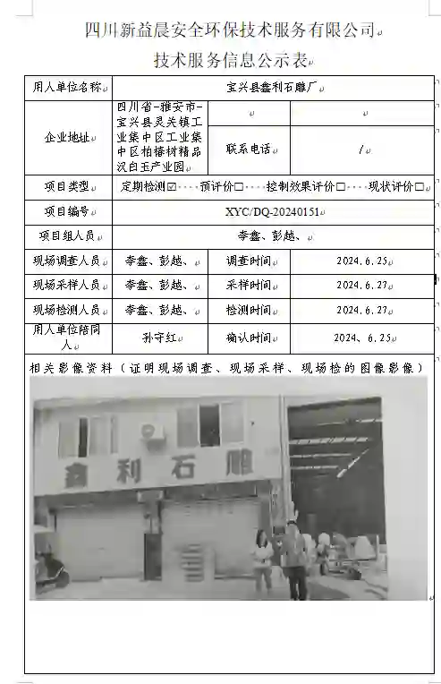 四川新益晨__XYCDQ-20240151职业病危害因素定期检测宝兴县鑫利石雕厂