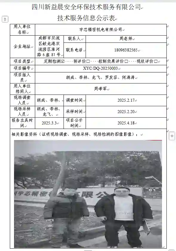 _XYCDQ-20250003职业病危害定期检测宇芯精密机电有限公司