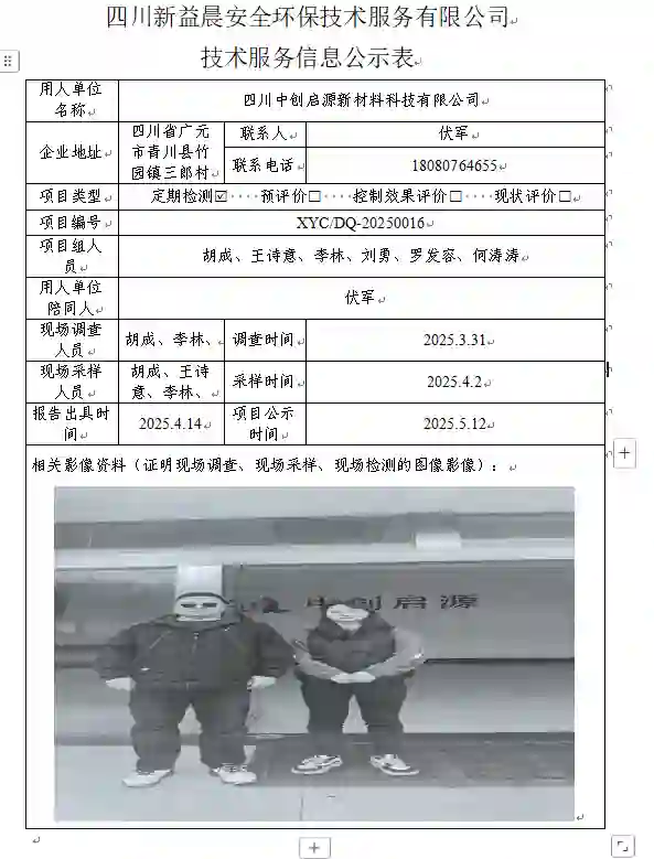 _XYCDQ-20250016职业病危害定期检测四川中创启源新材料科技有限公司