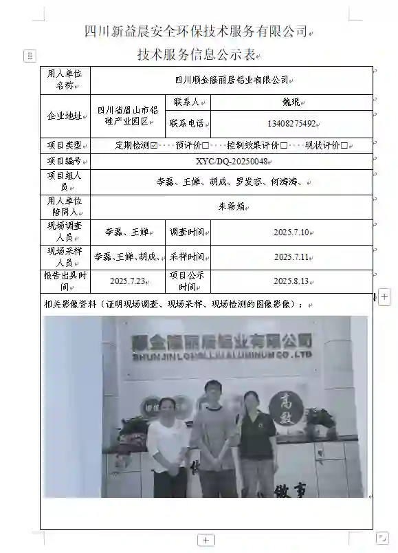 新益晨_XYCDQ-20250048职业病危害定期检测四川顺金隆丽居铝业有限公司
