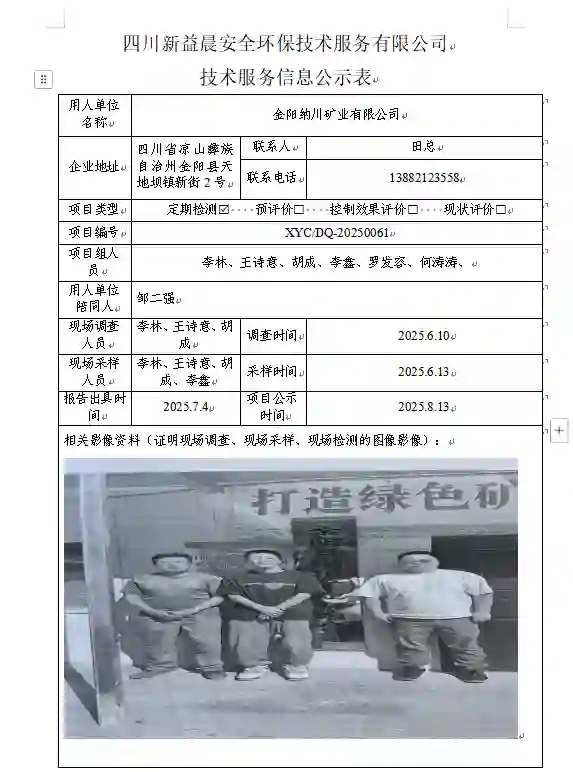 _XYCDQ-20250061职业病危害定期检测金阳纳川矿业有限公司