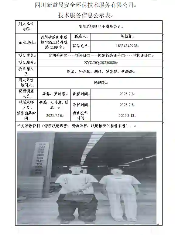 新益晨_XYCDQ-20250080职业病危害定期检测四川思雅顺铝业有限公司