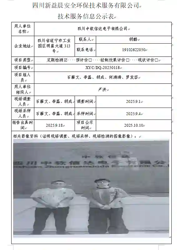 _XYCDQ-20250118职业病危害定期检测四川中软信达电子有限公司
