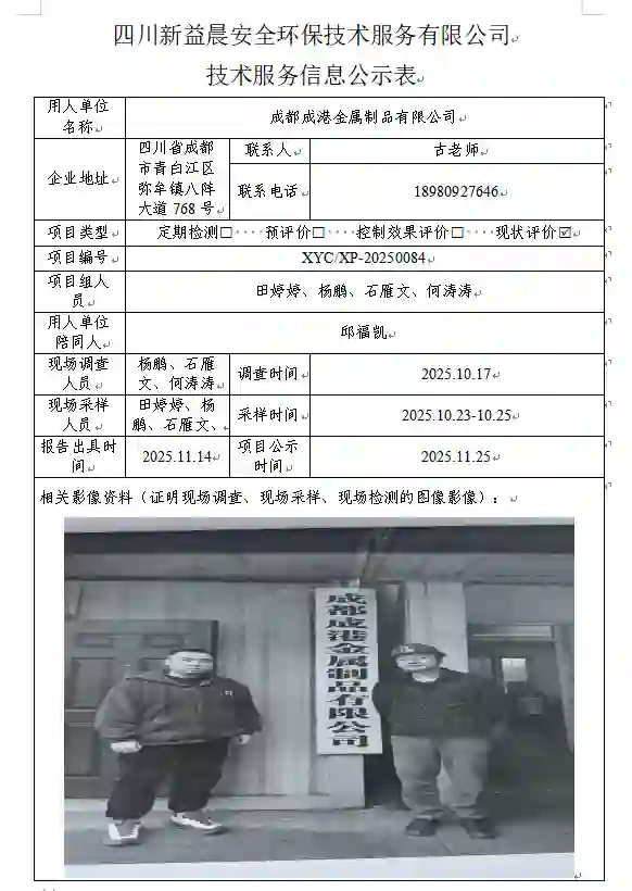 _XYCXP-20250084职业病危害现状评价成都成港金属制品有限公司