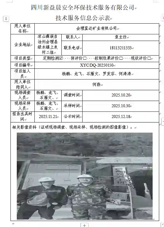 _XYCDQ-20250153职业病危害定期检测会理星达矿业有限公司