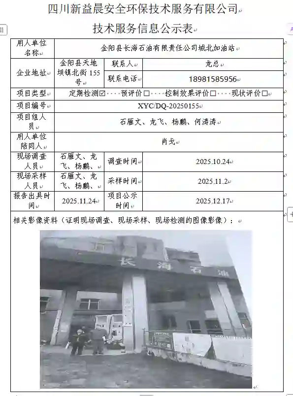 _XYCDQ-20250155职业病危害定期检测金阳县长海石油有限责任公司城北加油站